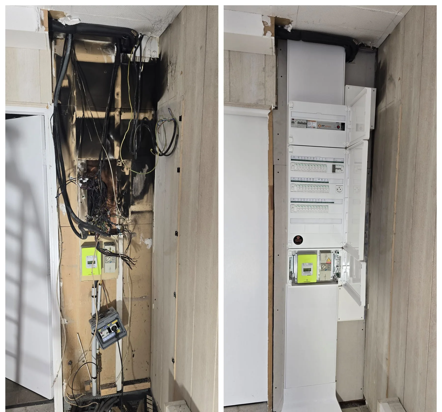 Avant après d'une remise en sécurité de tableau électrique après incident